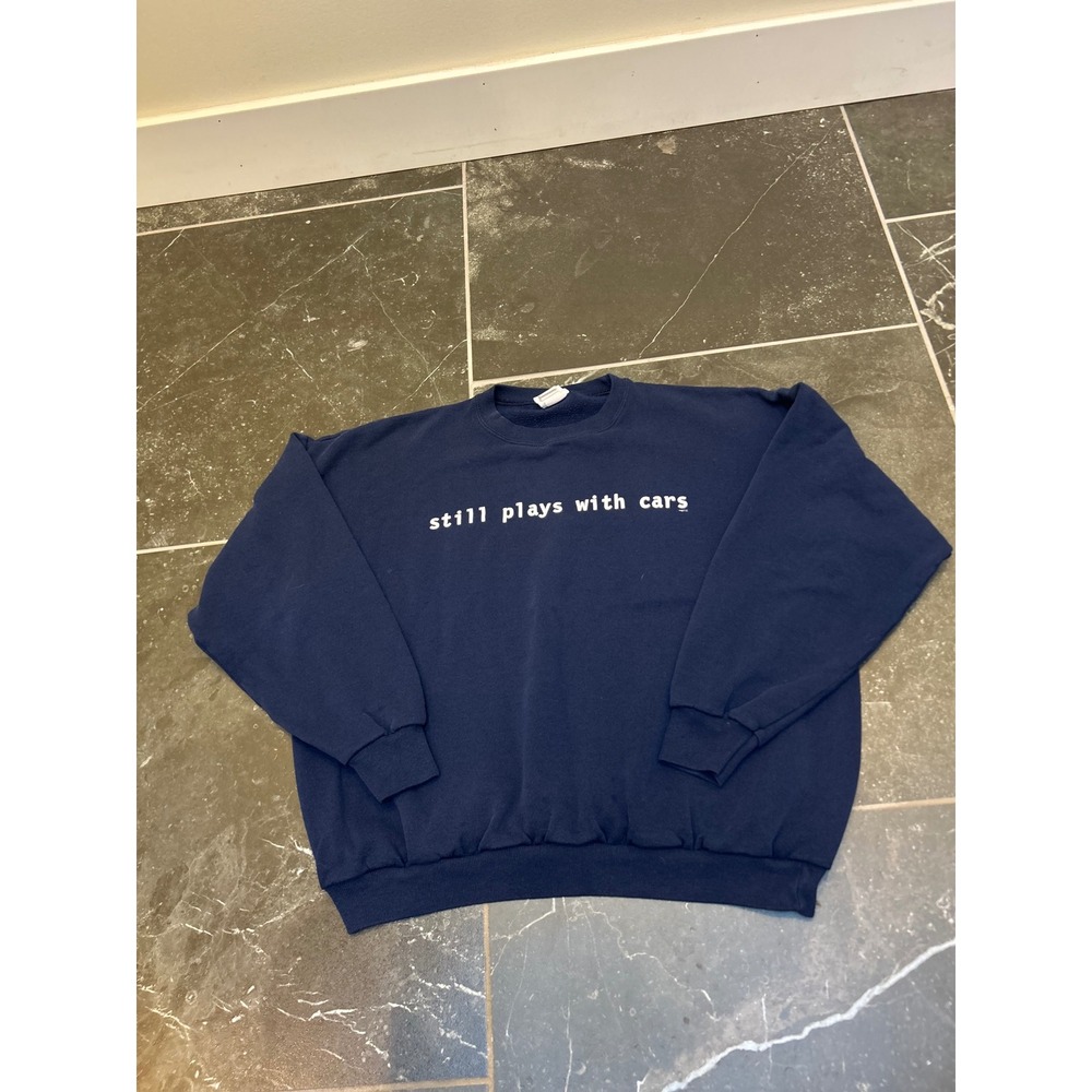 Vintage Still Plays With Cars Navy Blue Crewneck Sweatshirt Mens XL Graphic
